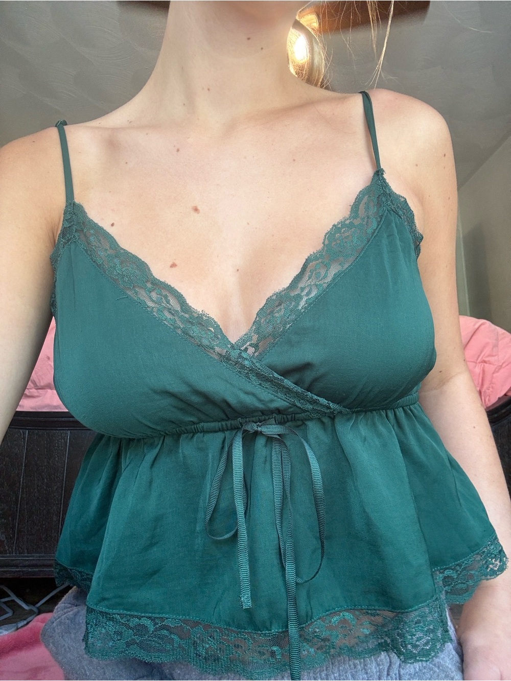 American Eagle Outfitters Dark Green Lace Trim Top